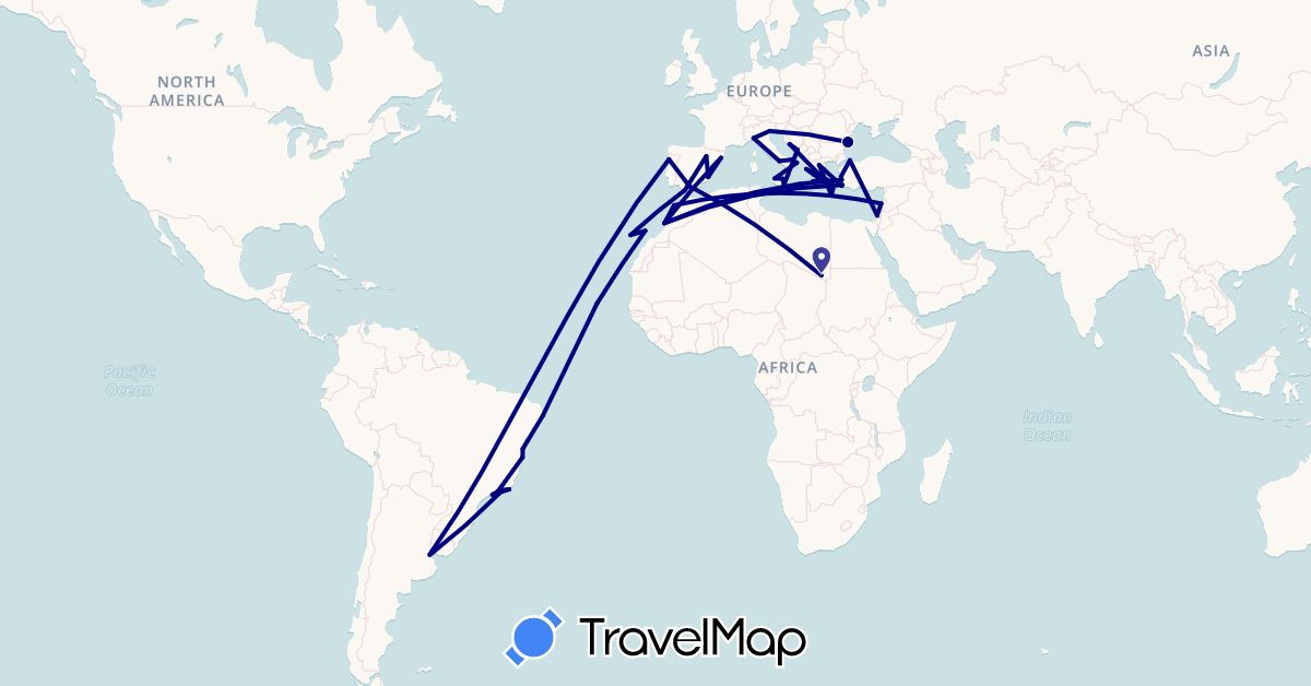 TravelMap itinerary: driving in Argentina, Brazil, Cape Verde, Spain, Gibraltar, Greece, Croatia, Israel, Italy, Lebanon, Libya, Morocco, Portugal, Romania, Turkey (Africa, Asia, Europe, South America)